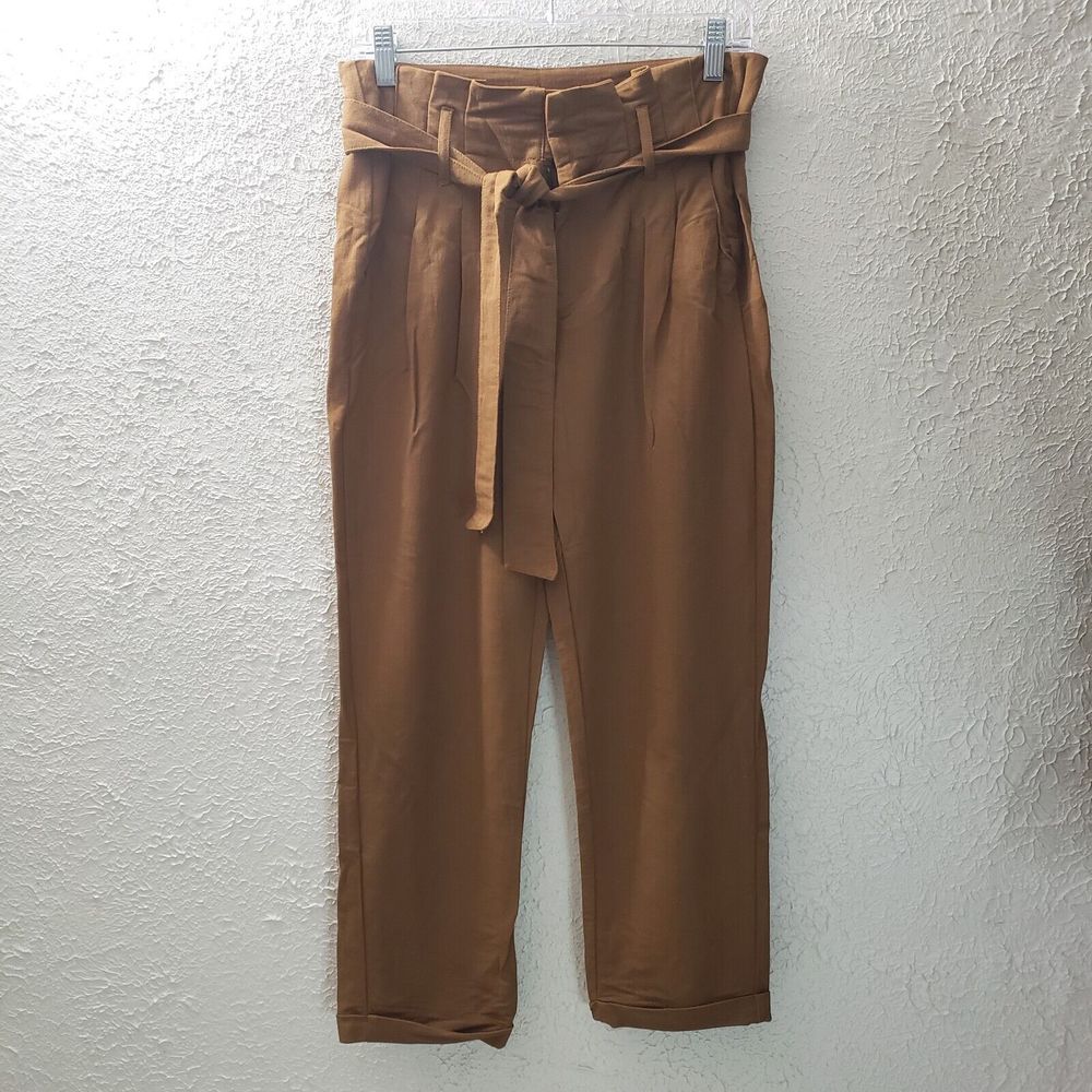 Indigo Rein Paperbag Pants Loose Mustard Brown Womens 9/28 Belted Cuffed Relaxed